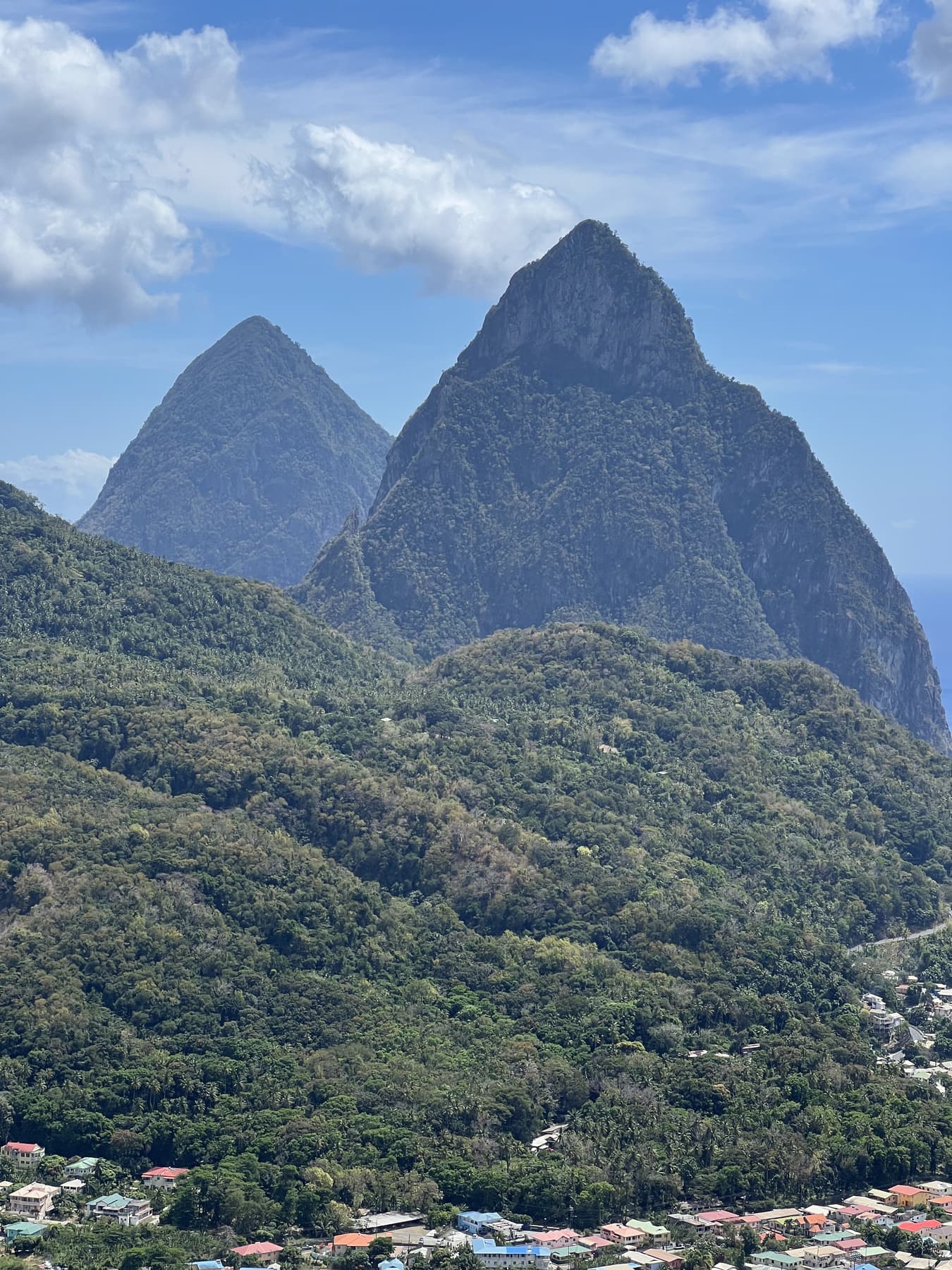 The Pitons rising above the rainforest in St Lucia